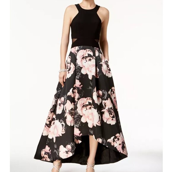 X by Xscape Black Pink Floral Print Halter High Low Dress Mesh Cutout 12 #8315 - Picture 1 of 12